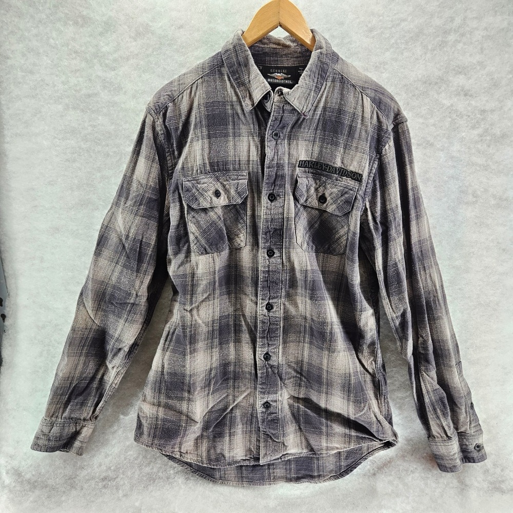 Harley Davidson Mens LargeT Genuine Motorclothes Plaid Flannel Shirt Skull Patch